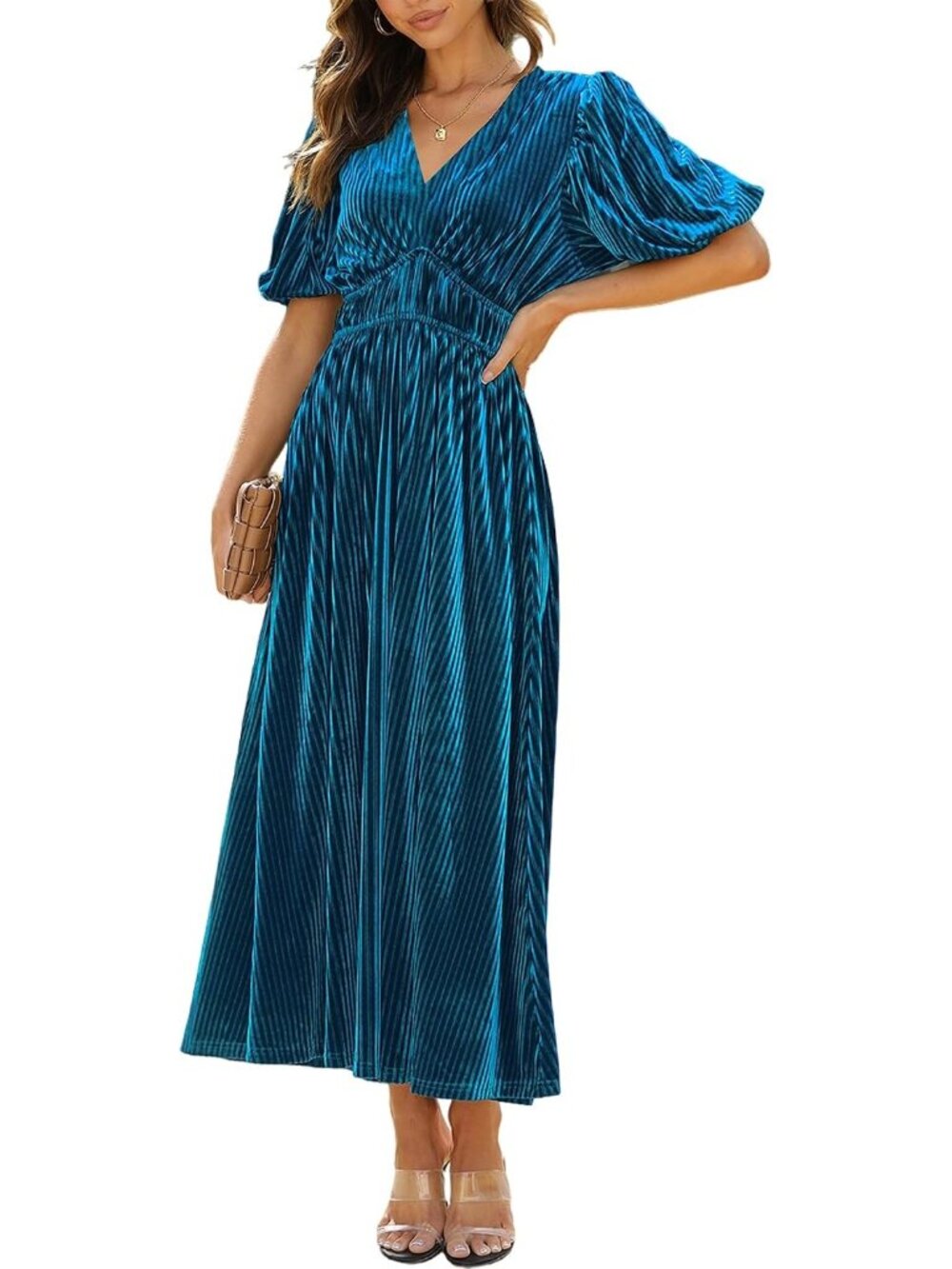 Women's Blue Velvet Floral For Bridesmades Fall Wedding Guest Maxi Dresses